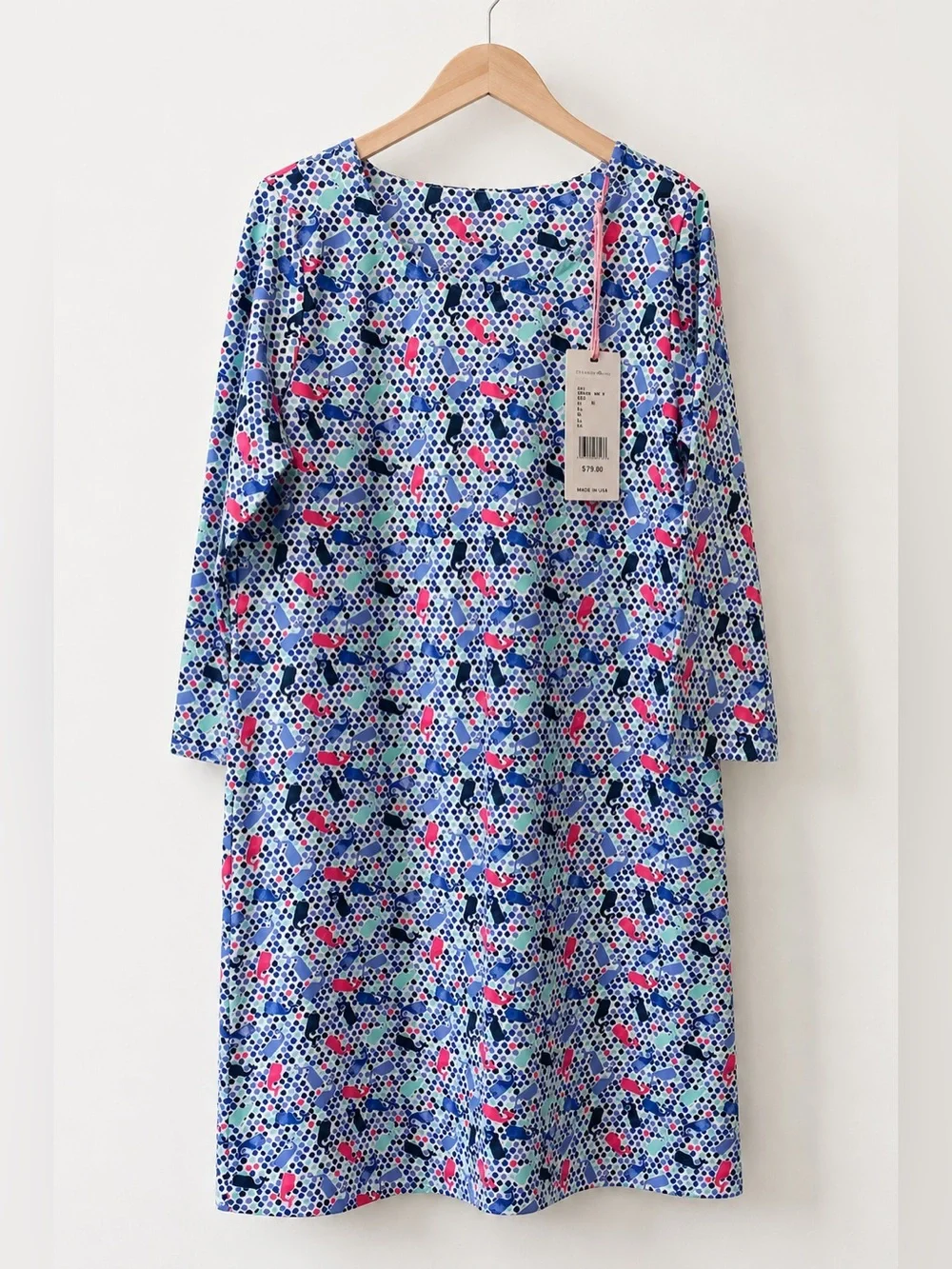 Vineyard Vines Girls Dress Whales Ocean 3/4 Sleeve Stretch Sz S (7-8) - NWT